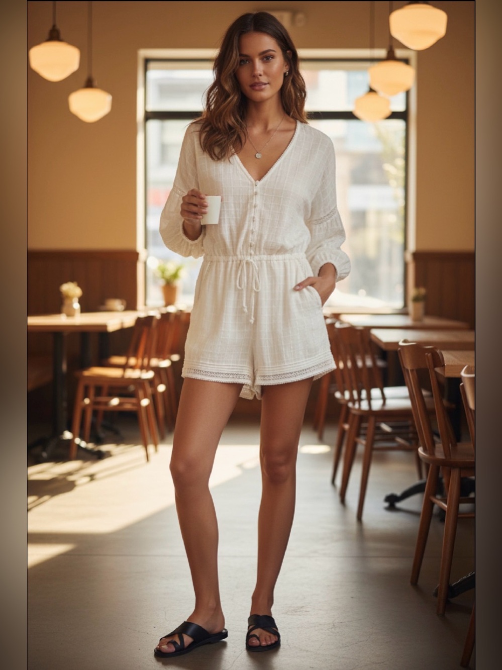(#160) AERIE Gauze Linen Blend Romper with Button Front and Drawstring Waist